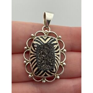 Sterling Silver Zebra Print Druzy Quartz Pendant Signed VJ